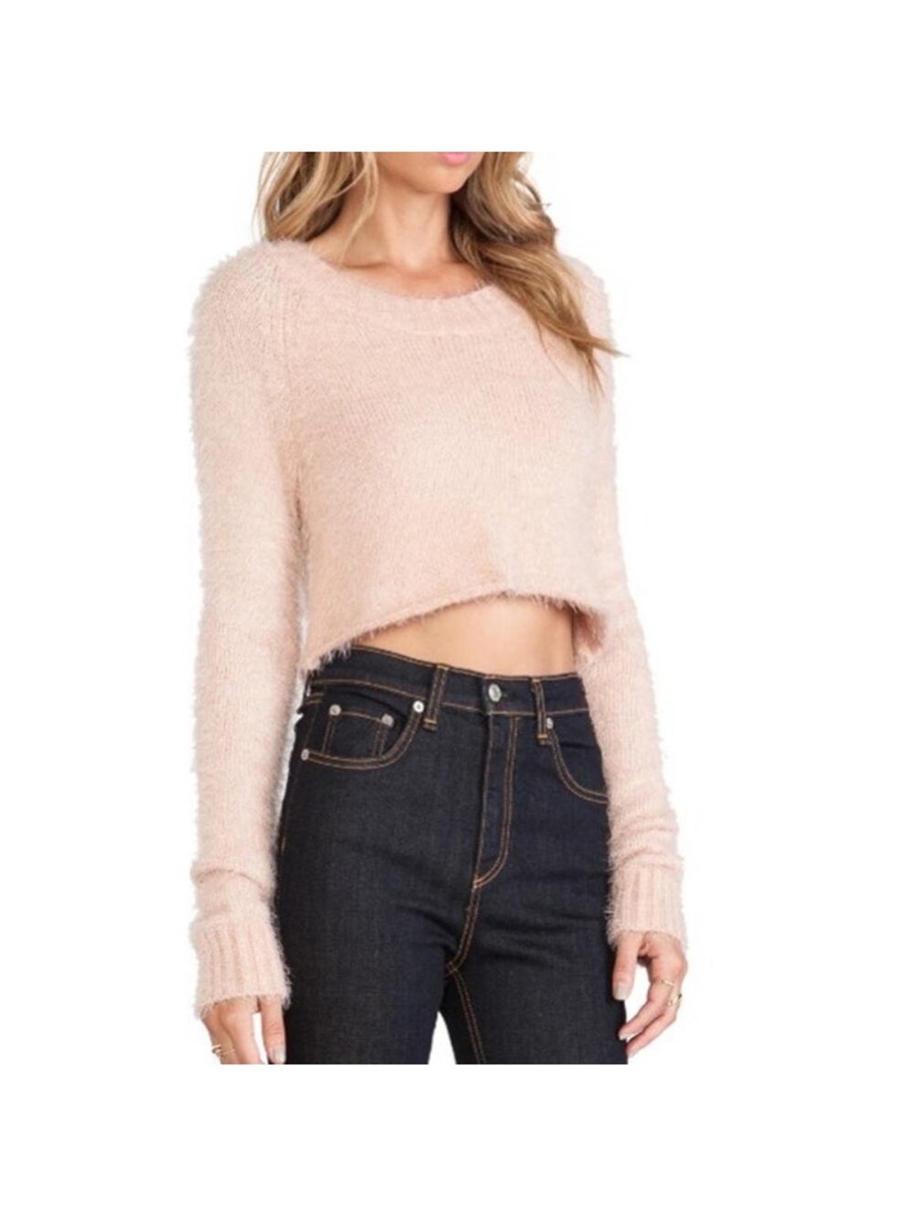 For Love And Lemons Cropped Fuzzy Knit Sweater - Blush Pink